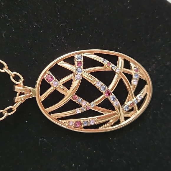 NRT Rose Gold Tone Pendant w/ Purple, Blue & Clear Rhinestones on 30" Chain - Picture 3 of 8